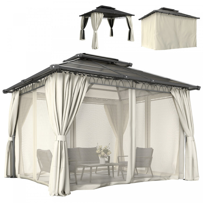 Outsunny Gazebo exterieur 3 x 3,6 m avec double toit rigide et rideaux, Beige