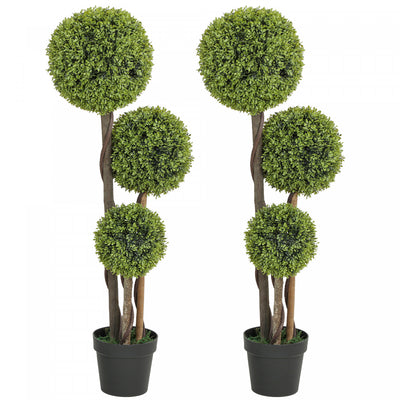 HOMCOM 45 Inch Artificial Boxwood Triple Ball Topiary Tree Set of 2, Green