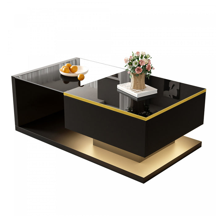 Ethan Table Basse Haute Brillance de 35,4\" avec Verre et Effet LED, Noir