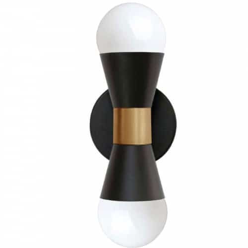 Applique murale Fortuna de Dainolite avec fini noir mat et laiton vieilli, et 2 ampoules