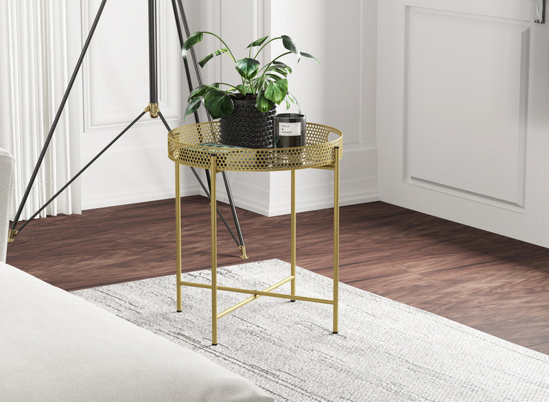 Table de bout avec miroir - dessus doré de forme ronde 