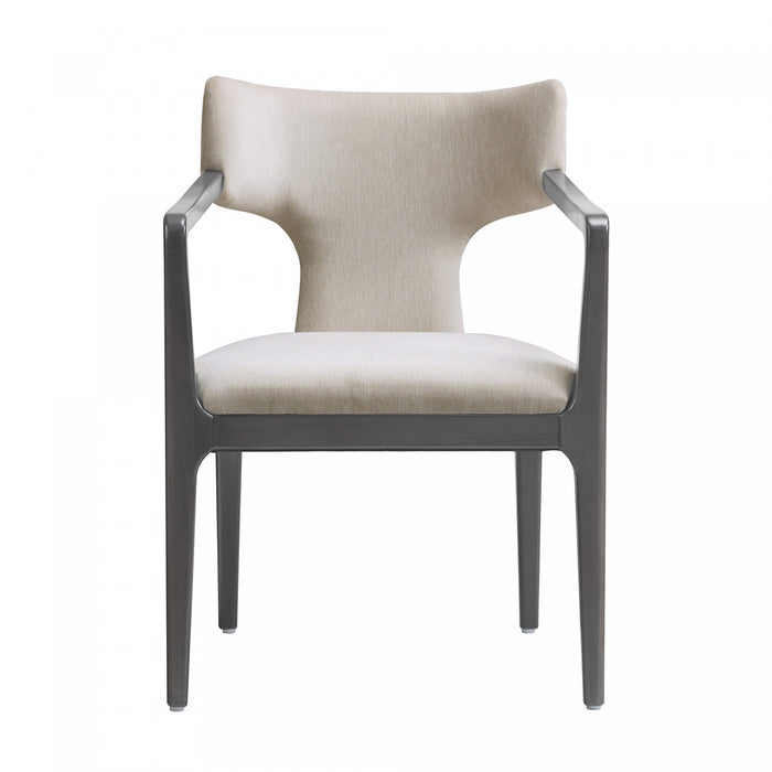 Fauteuil Eloria style moderne du milieu du siecle en bois et en chenille, coloris taupe