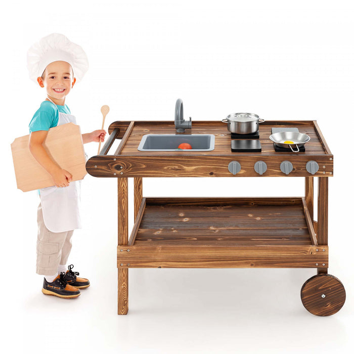 Les Enfants En Bois Boue Jouer Chariot De Cuisine Avec Evier, 4 Poeles Et Etagere De Stockage Naturel