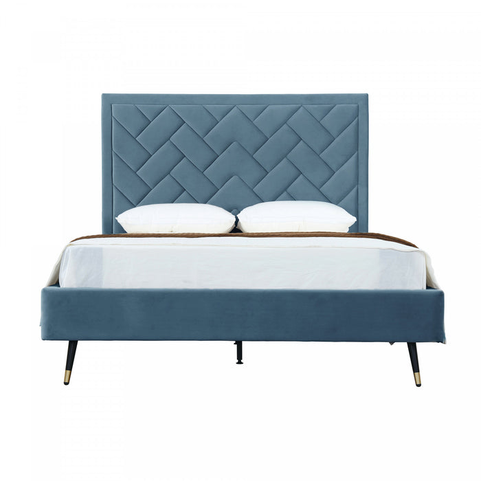 Lit Queen Moderne Crosby Rembourre en Velours Bleu