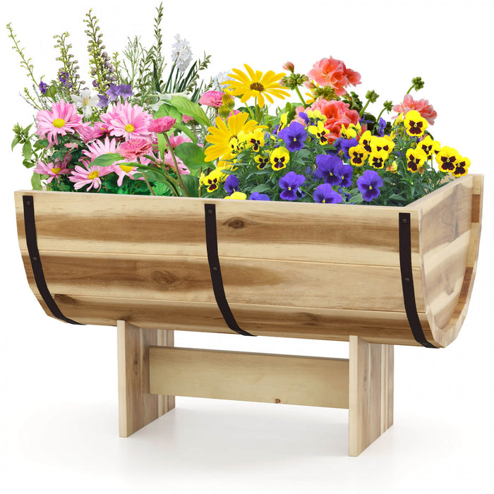 Costway 1 Pcs Exterieur Planteur En Bois Acacia Bois Solide Demi-baril Planteur Boite Avec Jambes