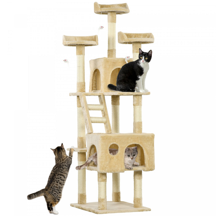 Pawhut 71 Pouces A Gratter Arbre A Chat Kitty Condo Centre D'activites De Jeu A Plusieurs Niveaux Avec Jouets Beige