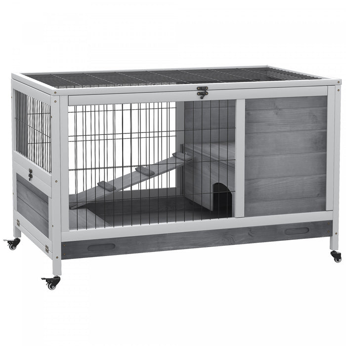 Pawhut Huche D'interieur En Bois Pour Lapin Avec Cage Surelevee Avec Enclos Ferme Avec Roues, Ideal Pour Les Lapins Et Les Cochons D'inde