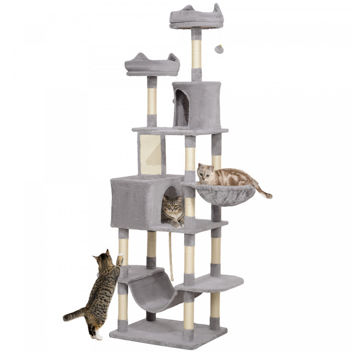 Pawhut Tour A Chat, Arbre A Chat De 81\" Pour Grands Chats Adultes Avec Griffoirs, Planche A Gratter, Lits Pour Chat, Hamacs, Plates-formes De Saut, Balles De Jouet, Gris Clair