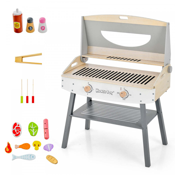 Ensemble De Barbecue De Jeu En Bois Pour Enfants, Barbecue Jouet Bbq Avec 17 Ustensiles De Grill En Bois Et Nourriture De Jeu, 4 Pieds En Bois Massif, Jeu De Cuisine D'imitation Pour Usage Interieur Et Exterieur, Cadeau Pour Garcons Et Filles De Plus De 3 Ans