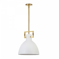 Luminaire suspendu de Dainolite avec abat-jour en métal blanc mat, fini laiton vieilli et 1 ampoule incandescente