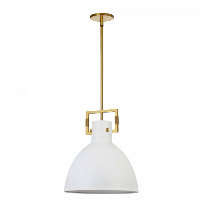 Luminaire suspendu de Dainolite avec abat-jour en métal blanc mat, fini laiton vieilli et 1 ampoule incandescente