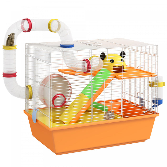 Pawhut Cage A Hamster A 3 Niveaux Pour Petits Animaux, Cage Pour Hamster Nain Et Gerbille Avec Tunnels Complets, Bouteille D'eau, Roue D'exercice, Plat A Nourriture, Rampes, 18\" X 11\" X 15\" – Orange