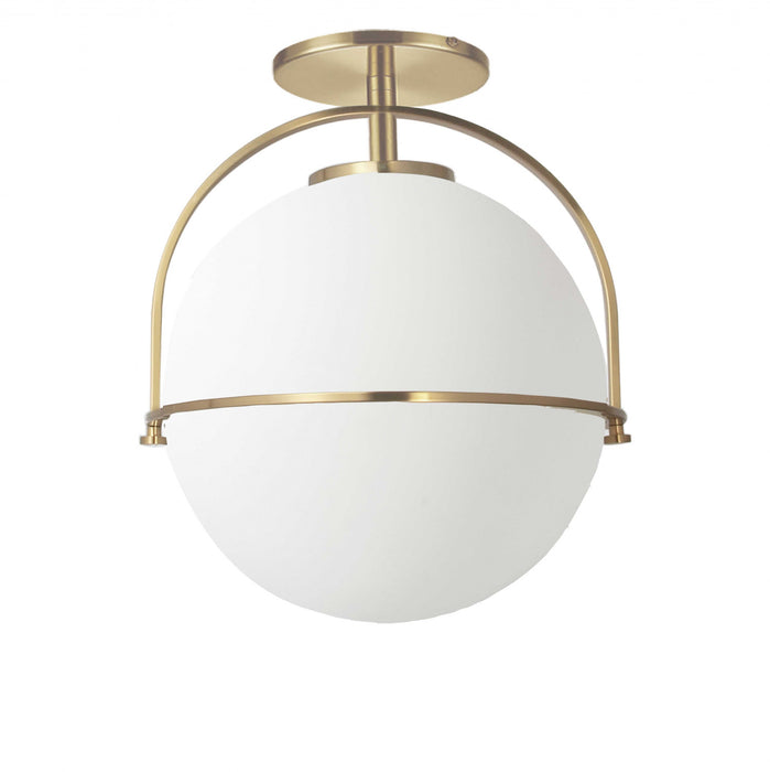 Plafonnier semi-affleuré Paola de Dainolite en verre blanc opale, avec fini laiton vieilli et 1 ampoule