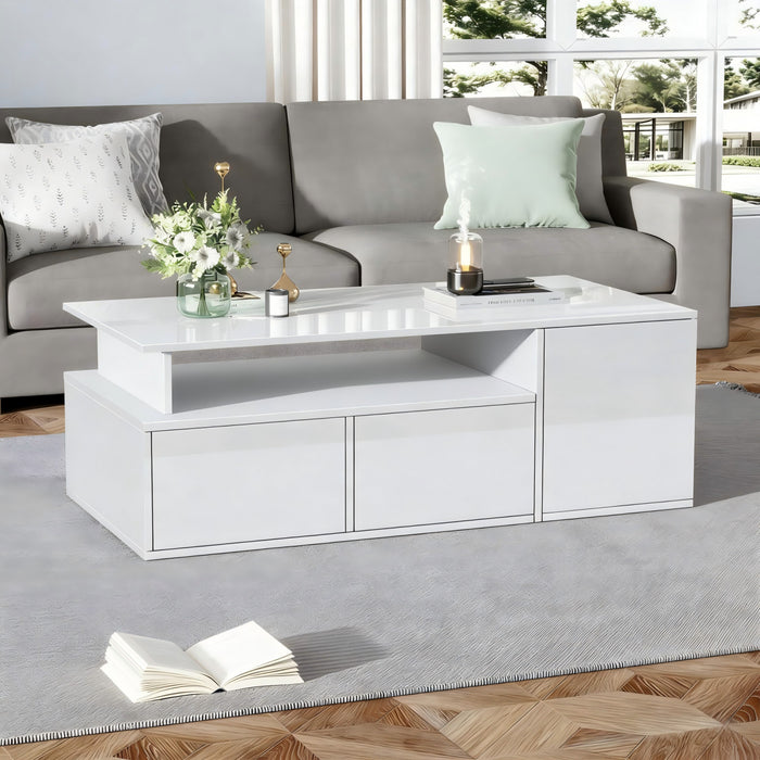 Daniel table basse avec eclairage LED et tiroirs de rangement, blanc