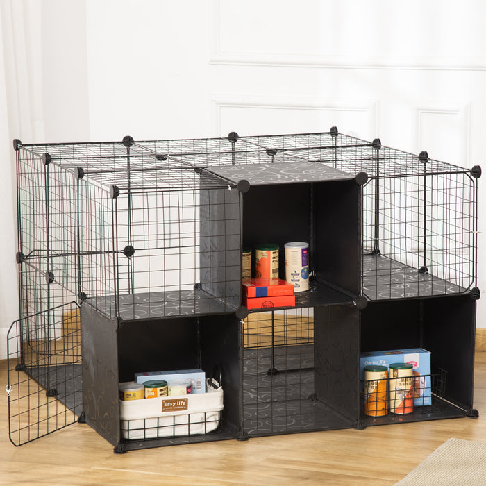 Pawhut Cage Pour Petits Animaux, 56 Panneaux Cage De Lapin Pour Chiots Avec Tapis Antiderapants, Rampes, Parc Pour Animaux De Compagnie Pour Lapin, Chinchilla, Herisson, Noir