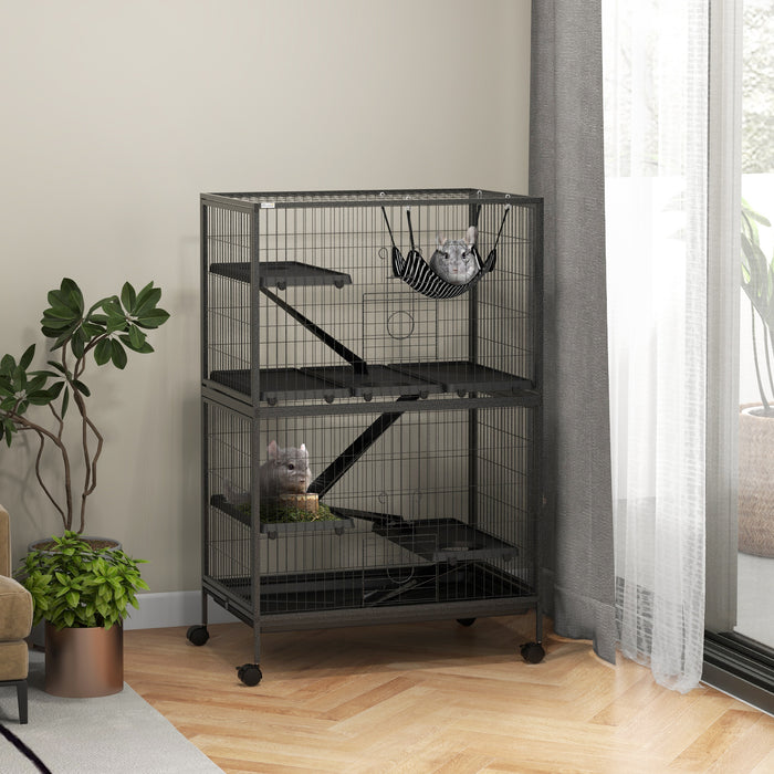 Pawhut Cage Roulante A 5 Niveaux Pour Petits Animaux, Cage Pour Cochon D'inde, Furet, Chinchilla, Chaton, Lapin, Petite Maison De Jeu Pour Animaux De Compagnie Avec Hamac, Plateau Amovible, Gris
