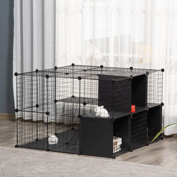 Pawhut Cage Pour Petits Animaux, 56 Panneaux Cage De Lapin Pour Chiots Avec Tapis Antiderapants, Rampes, Parc Pour Animaux De Compagnie Pour Lapin, Chinchilla, Herisson, Noir