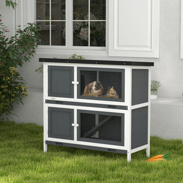 Pawhut Clapier En Bois Pour Lapins, Habitat Pour Petits Animaux Avec Rampe, Plateau Amovible Et Toit Resistant Aux Intemperies, Interieur/exterieur, Gris