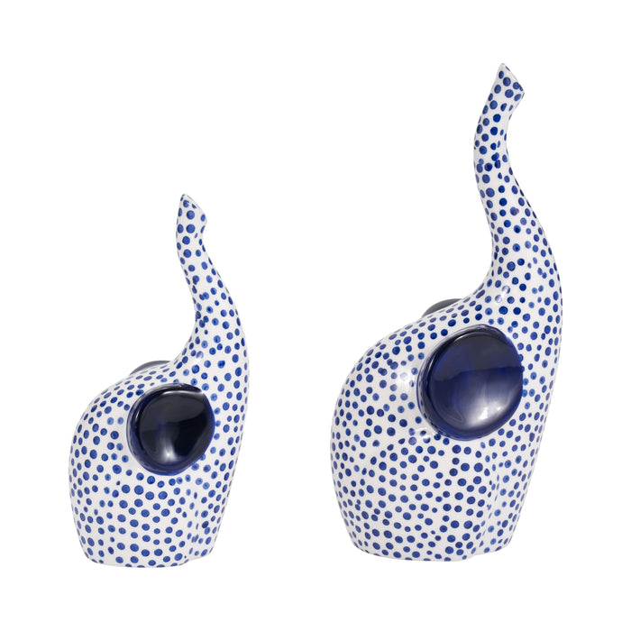 Éléphant étampé à la main de 11 po avec trompe vers le haut - bleu et blanc