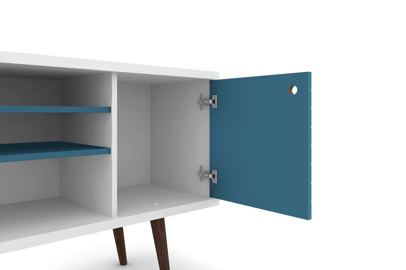 Meuble pour téléviseur Liberty de Manhattan Comfort de 53,14 po de style moderne du milieu du 20e siècle avec 5 tablettes et 1 porte - blanc et bleu turquoise