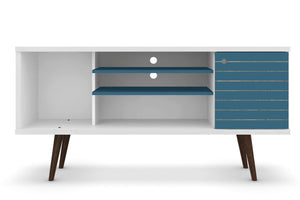 Meuble pour téléviseur Liberty de Manhattan Comfort de 53,14 po de style moderne du milieu du 20e siècle avec 5 tablettes et 1 porte - blanc et bleu turquoise