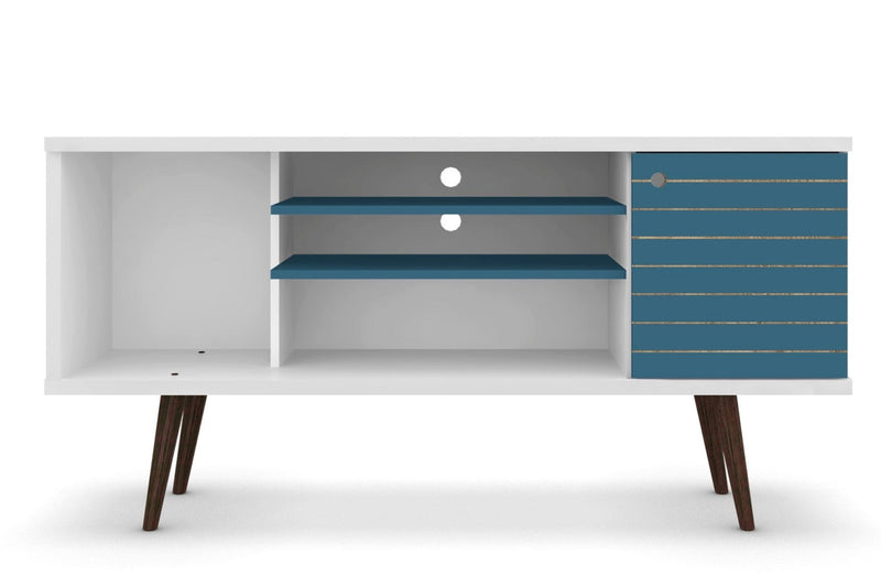 Meuble pour téléviseur Liberty de Manhattan Comfort de 53,14 po de style moderne du milieu du 20e siècle avec 5 tablettes et 1 porte - blanc et bleu turquoise