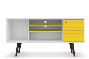 Meuble pour téléviseur Liberty de Manhattan Comfort de 53,14 po de style moderne du milieu du 20e siècle avec 5 tablettes et 1 porte - blanc et brun rustique