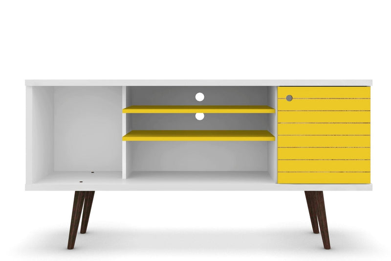 Meuble pour téléviseur Liberty de Manhattan Comfort de 53,14 po de style moderne du milieu du 20e siècle avec 5 tablettes et 1 porte - blanc et brun rustique