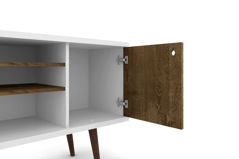 Meuble pour téléviseur Liberty de Manhattan Comfort de 53,14 po de style moderne du milieu du 20e siècle avec 5 tablettes et 1 porte - blanc et brun
