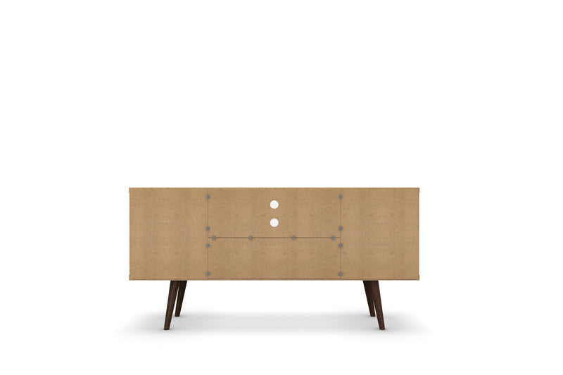 Meuble pour téléviseur Liberty de Manhattan Comfort de 53,14 po de style moderne du milieu du 20e siècle avec 5 tablettes et 1 porte - blanc et brun