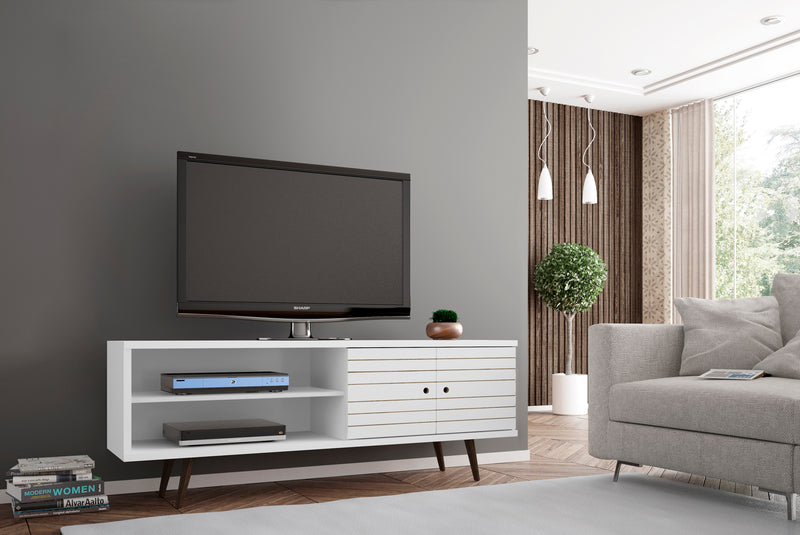 Meuble pour téléviseur Liberty de Manhattan Comfort de 62,99 po de style moderne du milieu du 20e siècle avec 3 tablettes et 2 portes - blanc et jaune