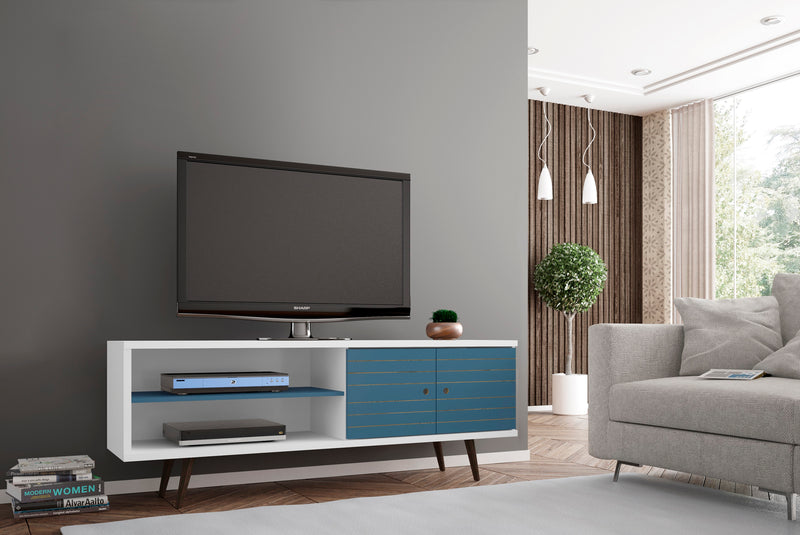 Meuble pour téléviseur Liberty de Manhattan Comfort de 62,99 po de style moderne du milieu du 20e siècle avec 3 tablettes et 2 portes - blanc et bleu turquoise