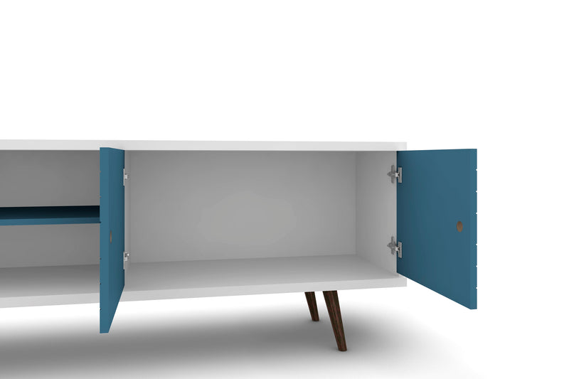Meuble pour téléviseur Liberty de Manhattan Comfort de 62,99 po de style moderne du milieu du 20e siècle avec 3 tablettes et 2 portes - blanc et bleu turquoise