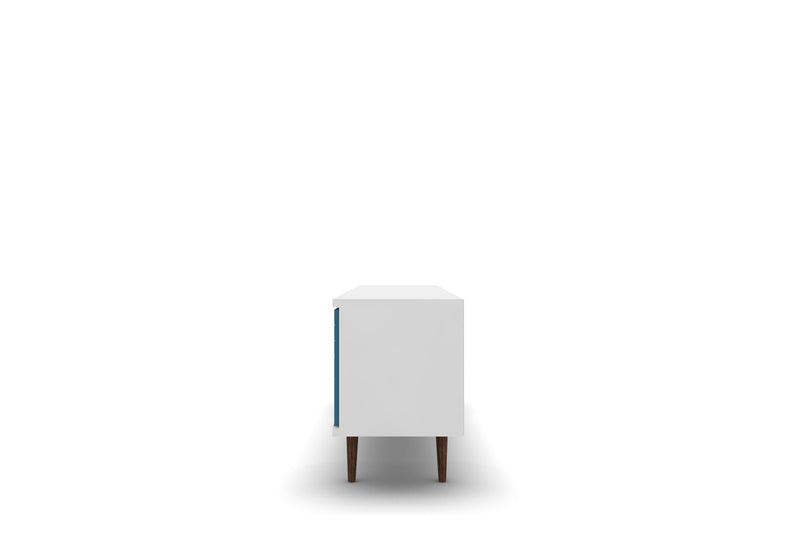 Meuble pour téléviseur Liberty de Manhattan Comfort de 62,99 po de style moderne du milieu du 20e siècle avec 3 tablettes et 2 portes - blanc et bleu turquoise