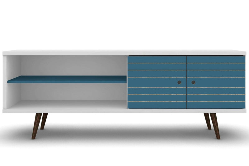 Meuble pour téléviseur Liberty de Manhattan Comfort de 62,99 po de style moderne du milieu du 20e siècle avec 3 tablettes et 2 portes - blanc et bleu turquoise