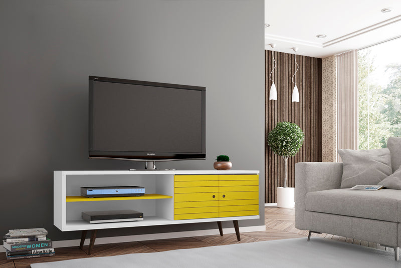 Meuble pour téléviseur Liberty de Manhattan Comfort de 62,99 po de style moderne du milieu du 20e siècle avec 3 tablettes et 2 portes - blanc et brun rustique