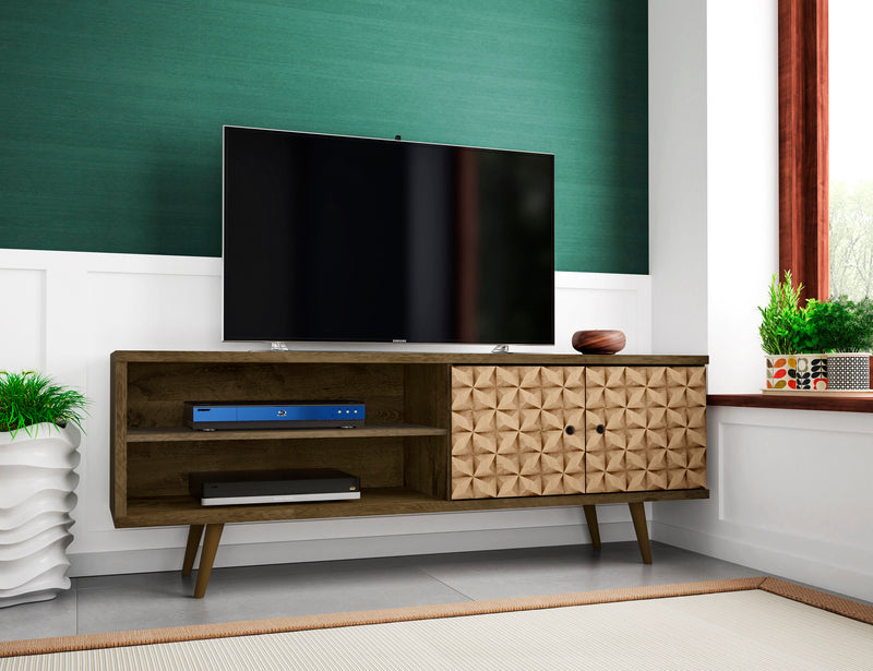 Meuble pour téléviseur Liberty de Manhattan Comfort de 62,99 po de style moderne du milieu du 20e siècle avec 3 tablettes et 2 portes - brun
