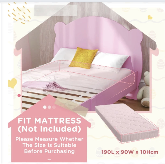 Qaba Cadre de lit double pour enfants, plateforme pour tout-petits avec tete et pied de lit en forme d'ours, support a lattes, Matelas non inclus, pour garcons et filles de 3 a 12 ans, rose