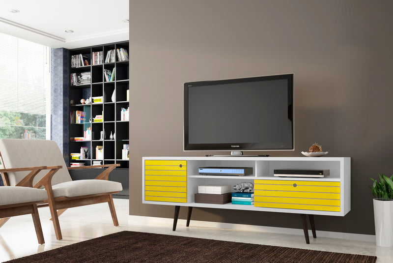 Meuble pour téléviseur Liberty de Manhattan Comfort de 70,86 po de style moderne du milieu du 20e siècle avec 4 espaces tablette et 1 tiroir - blanc et jaune
