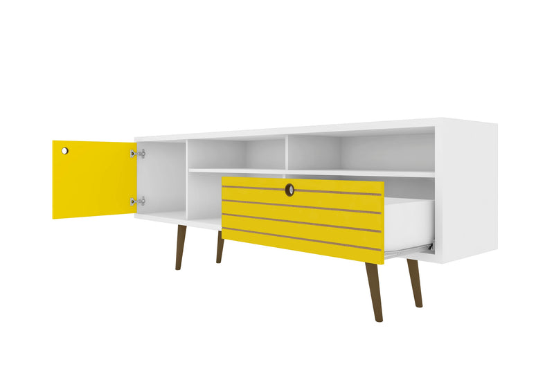 Meuble pour téléviseur Liberty de Manhattan Comfort de 70,86 po de style moderne du milieu du 20e siècle avec 4 espaces tablette et 1 tiroir - blanc et jaune