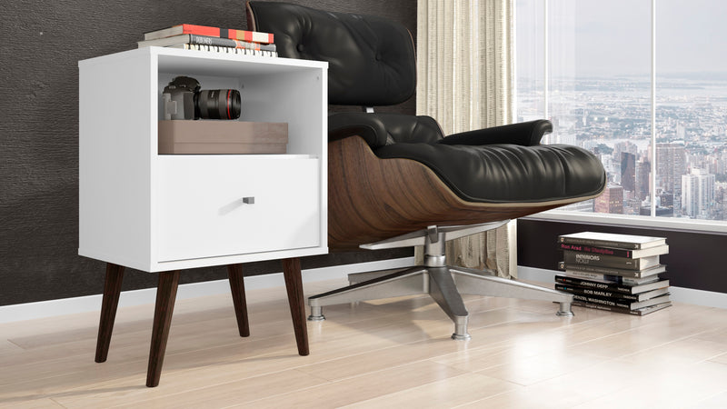 Table de nuit Liberty de Manhattan Comfort de style moderne du milieu du 20e siècle avec compartiment et tiroir - blanche