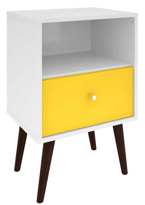 Table de nuit Liberty de Manhattan Comfort de style moderne du milieu du 20e siècle avec compartiment et tiroir - blanche et jaune