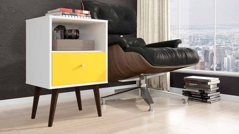 Table de nuit Liberty de Manhattan Comfort de style moderne du milieu du 20e siècle avec compartiment et tiroir - blanche et jaune