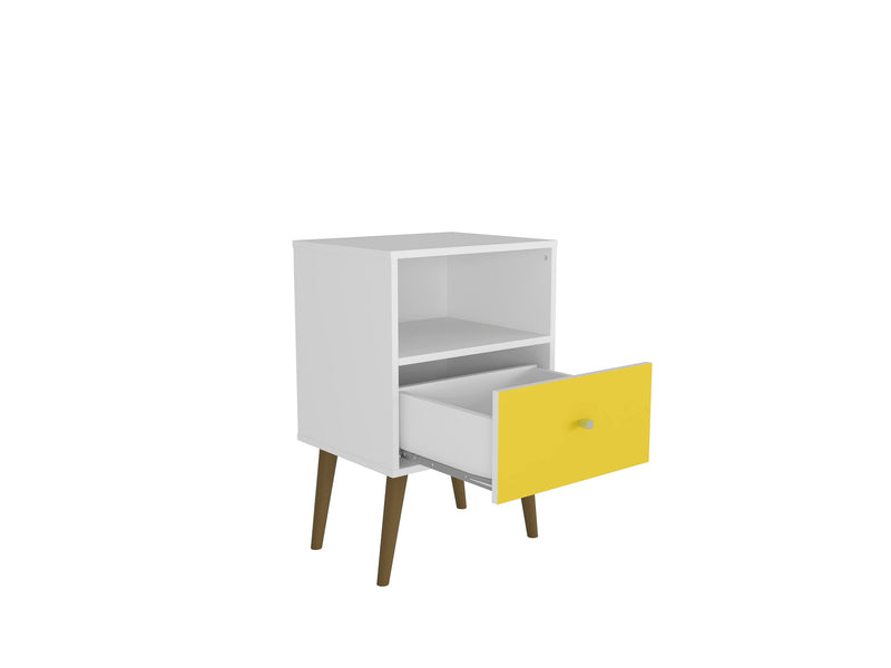 Table de nuit Liberty de Manhattan Comfort de style moderne du milieu du 20e siècle avec compartiment et tiroir - blanche et jaune