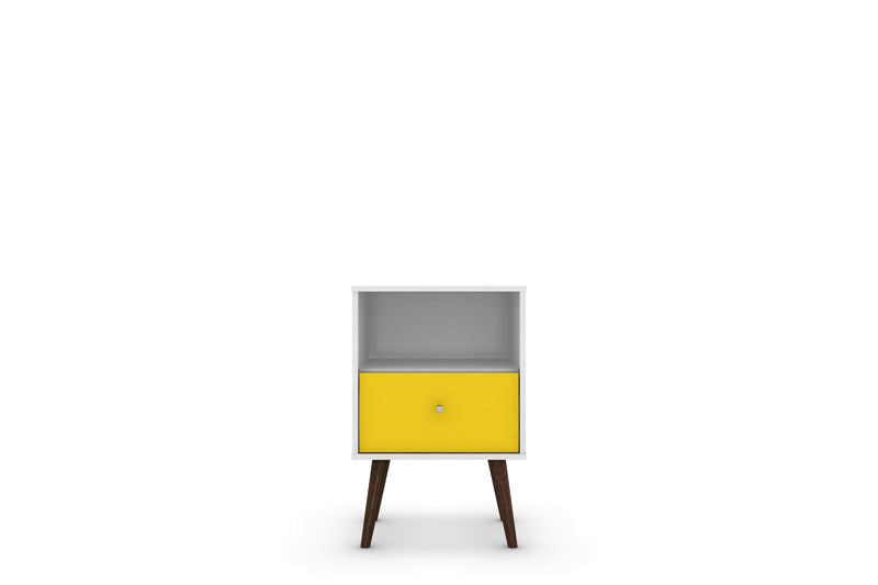Table de nuit Liberty de Manhattan Comfort de style moderne du milieu du 20e siècle avec compartiment et tiroir - blanche et jaune