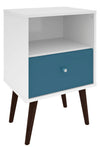 Table de nuit Liberty de Manhattan Comfort de style moderne du milieu du 20e siècle avec compartiment et tiroir - blanche et bleu turquoise