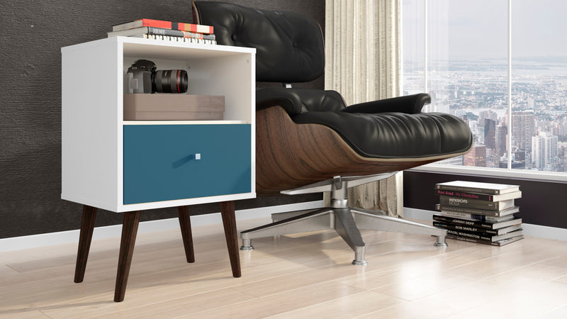 Table de nuit Liberty de Manhattan Comfort de style moderne du milieu du 20e siècle avec compartiment et tiroir - blanche et bleu turquoise