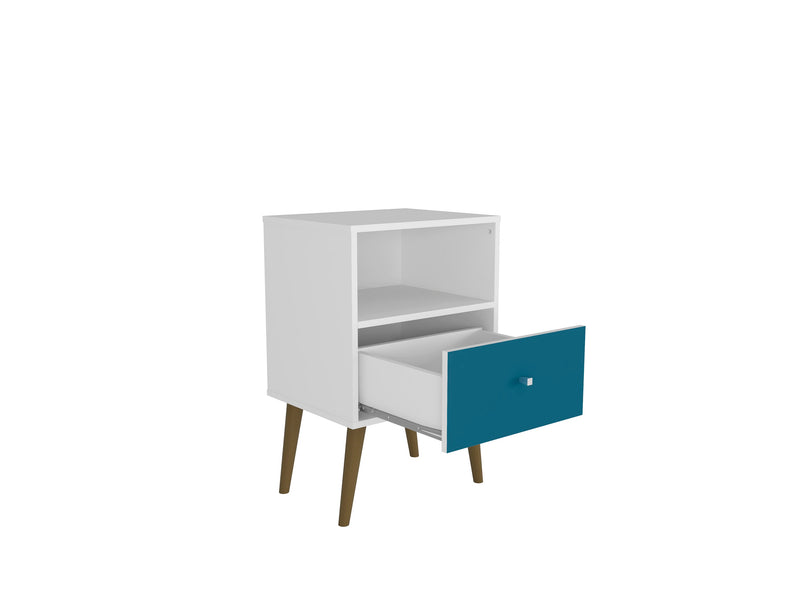 Table de nuit Liberty de Manhattan Comfort de style moderne du milieu du 20e siècle avec compartiment et tiroir - blanche et bleu turquoise