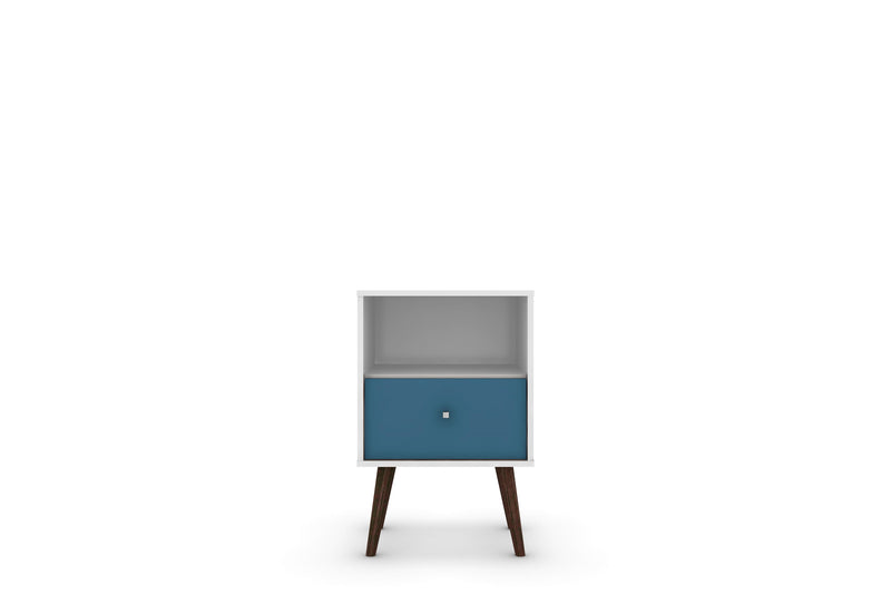 Table de nuit Liberty de Manhattan Comfort de style moderne du milieu du 20e siècle avec compartiment et tiroir - blanche et bleu turquoise