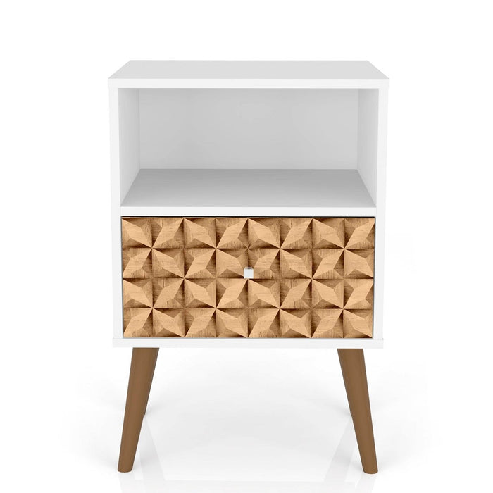 Table de nuit Liberty de Manhattan Comfort de style moderne du milieu du 20e siècle avec compartiment et tiroir - blanche et brune